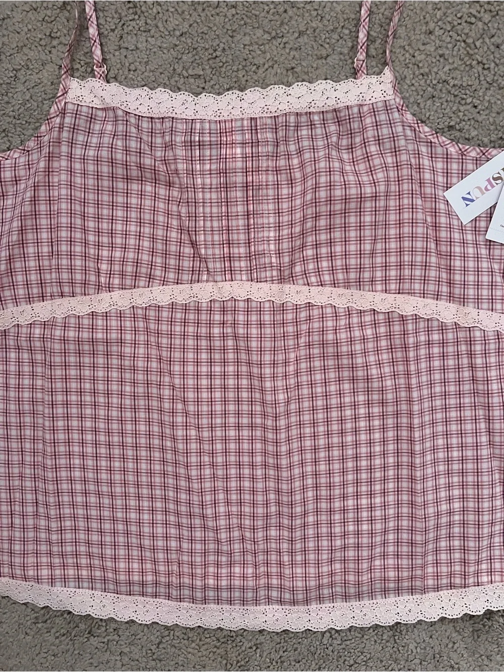 Lace-Trim Pink Plaid Cami Chemise